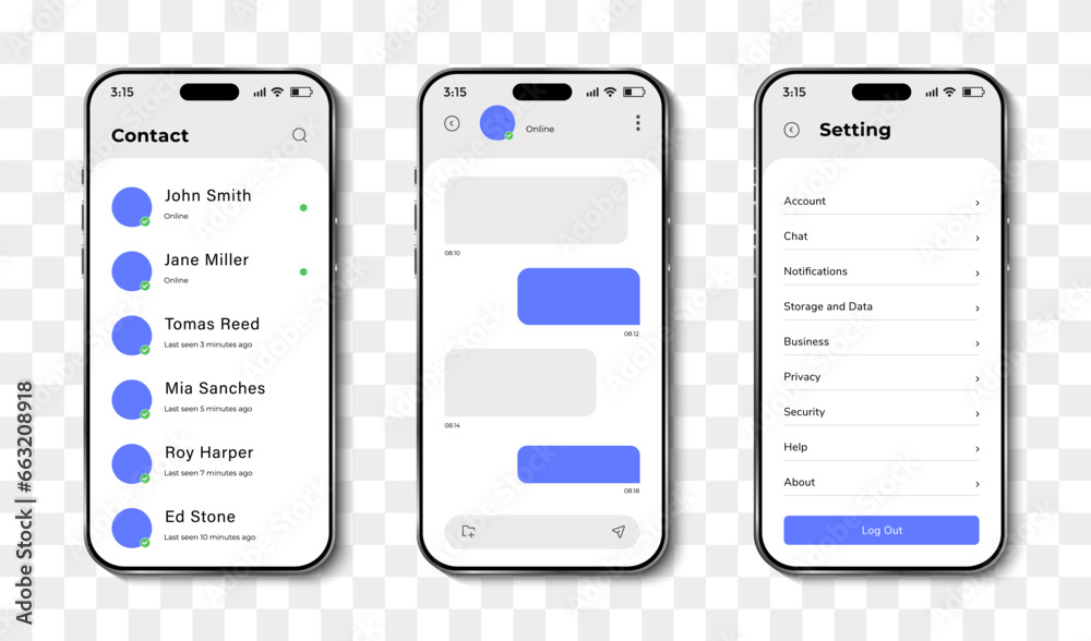 Poster Smartphone template with chat messaging app with shadow. Smartphone chatting template speech bubbles. Phone chatting sms template
