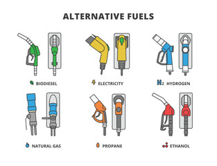 Alternative Fuels vector icons in line design. Biodiesel, Electricity, Hydrogen, Natural Gas, Propane, Ethanol, gas station, Gasoline Pistol vector icons in line design blue.