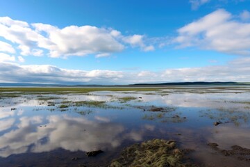 panoramic shot of a tranquil, flat marshland under a cloudy sky