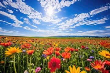 wide-angle shot of a vibrant, blooming flower field