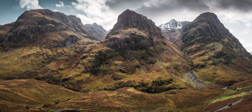 Landscape in the mountains showing three sisters peaks in the Glencoe, Scotland.