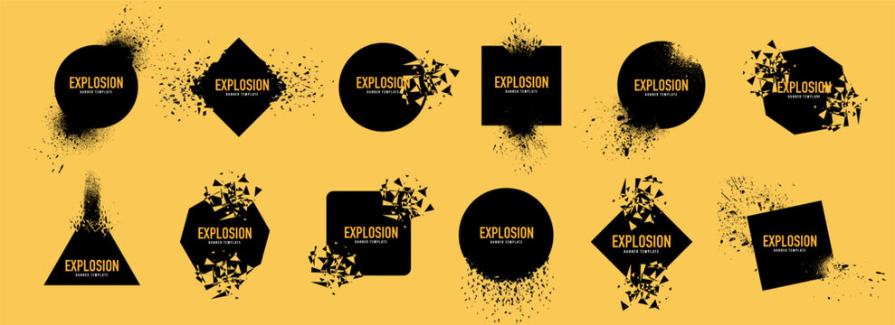 Explosion abstract geometric shapes. Explosion destruction, shattered geometric shapes. Abstract shatter burst. Set of broken smashed pieces, specks, speckles