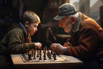 man played a friendly game of chess with his grandfather. - Powered by Adobe