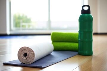 water bottle, towel, and yoga mat ready for a workout session - obrazy, fototapety, plakaty
