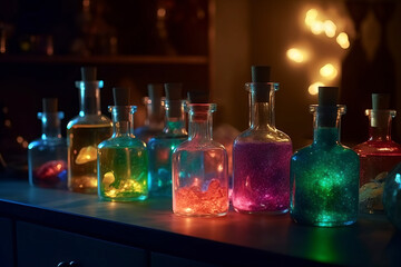 Obraz na płótnie Canvas Magic alchemical colorful bottles, AI generated
