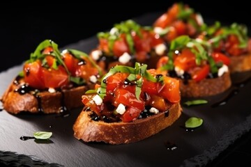 freshly baked bruschetta with goat cheese on black stone plate