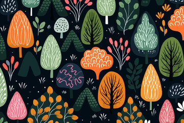 Forest landscapes quirky doodle pattern, wallpaper, background, cartoon, vector, whimsical Illustration