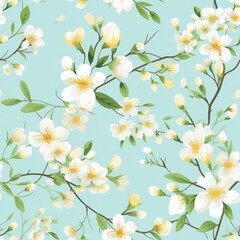Fototapeta na wymiar Spring delicate green floral seamless pattern. Generated by AI