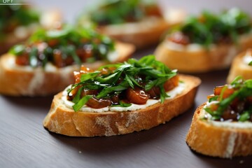 closeup of warm goat cheese bruschetta topped with fresh chives - obrazy, fototapety, plakaty