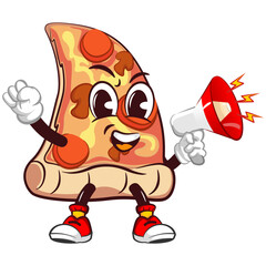 Cute slice of pizza character with funny face mascot shouting using a loudspeaker, isolated cartoon vector illustration. Cute slice of pizza mascot, emoticon