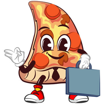 Cute slice of pizza character with funny office face mascot wearing tie and carrying suitcase, isolated cartoon vector illustration. Cute slice of pizza mascot, emoticon