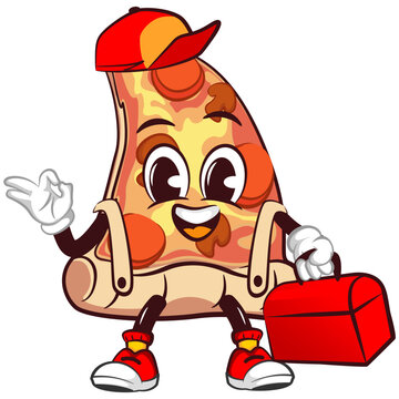 Cute slice of pizza character with funny face mascot being handyman in hat and carrying tool box, isolated cartoon vector illustration. Cute slice of pizza mascot, emoticon