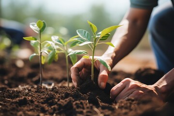 gardener hand closeup plant and watering small plant tree on soil ground nature concept