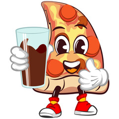 Cute slice of pizza character with funny face mascot  with a galss of chocolate, cartoon vector illustration isolated. Funny slice of pizza mascot, emoticon