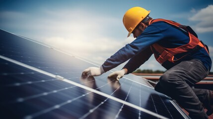 Worker wearing safety helmet install solar panel on the roof 