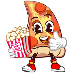 vector mascot character of a slice of pizza with popcorn while giving a thumbs up