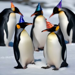 Obraz premium A group of penguins wearing tiny party hats and blowing noisemakers in the snow as the clock strikes midnight3