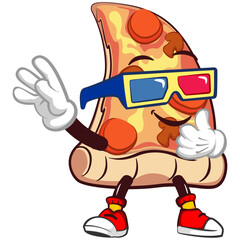 vector mascot character of a slice of pizza wearing 3-dimensional glasses to see 3-dimensional cinema
