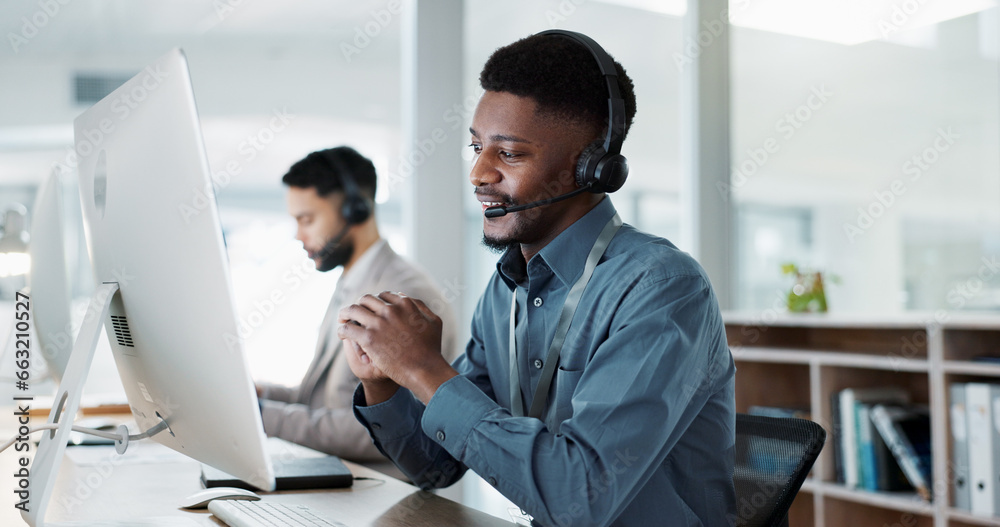 Sticker Happy black man, face and call center in customer service, support or telemarketing at office. African male person, consultant or agent with headphones for consulting in contact us or online advice