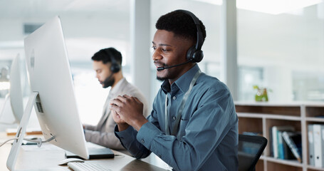 Happy black man, face and call center in customer service, support or telemarketing at office....