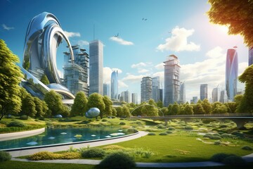 Eco-friendly building. Public park and high-rise buildings cityscape in metropolis city center....