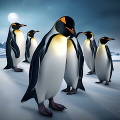 A parade of penguins wearing tuxedos and bowties while sliding on icy slopes under the moonlight5