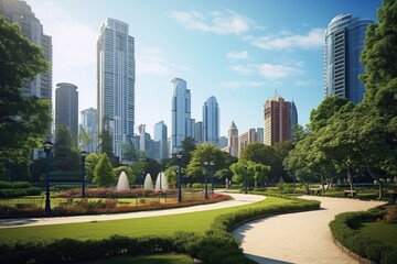 Eco-friendly building. Public park and high-rise buildings cityscape in metropolis city center. Generative AI