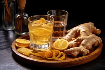 mixed pile of ginger slices and shots on a straw tray