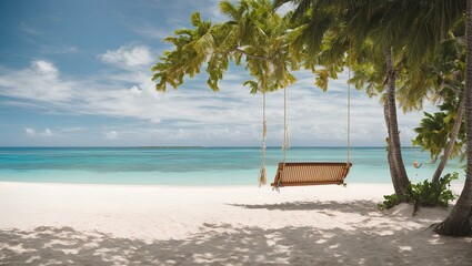 Relaxing beach vacation with tranquil sky, palm trees, and turquoise water.