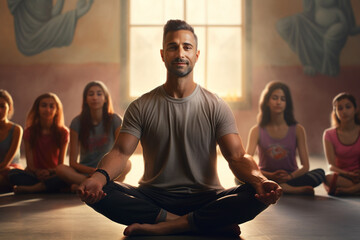 man confidently led a yoga class, guiding his students through poses.