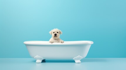 Small dog in bathtub with bubbles on bright blue background concept