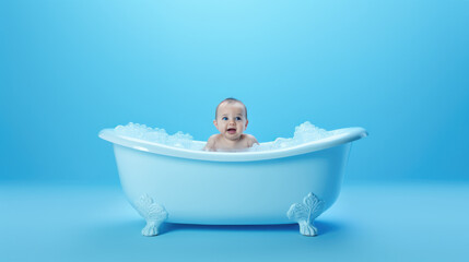 small baby in bathtub with bubbles on bright blue background concept