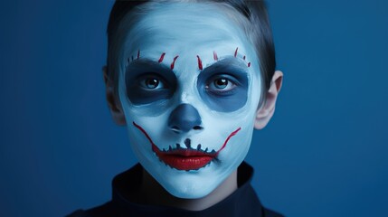 Boy make up as evil for Halloween party on blue background