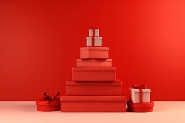 Red podium made of gift boxes against a red background. Generative AI