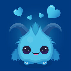 Blue Love Cute Cartoon Monster With Hearts Illustration