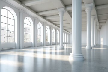 An open modern building interior with empty space and white columns positioned near a window. Generative AI