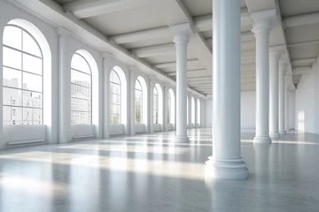 Fotobehang An open modern building interior with empty space and white columns positioned near a window. Generative AI © Aurelian