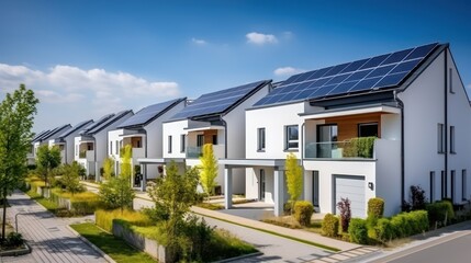 Row of modern house with solar panel on the roof  - obrazy, fototapety, plakaty
