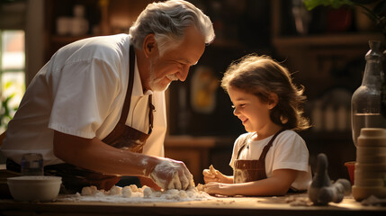 Happy grandfather grandpa teaching grand child how to bake with flour dough - obrazy, fototapety, plakaty