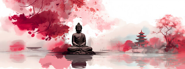pink lotus and buddha in painting - obrazy, fototapety, plakaty