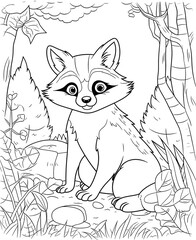 Black and white illustration for coloring animals, raccoon.