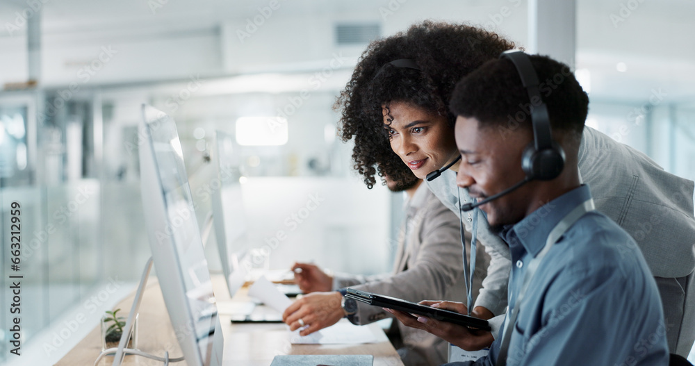 Aufkleber call center computer, happy mentor and people for telemarketing sales, outsourcing or check onboardi