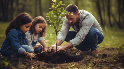 parents and children planting a tree in the garden