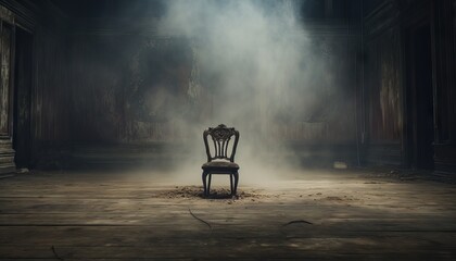 Fototapeta na wymiar empty room with a single chair in the center. The chair is covered in dust and cobwebs
