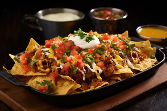 a tray of nachos with sizzling beef and melted cheese