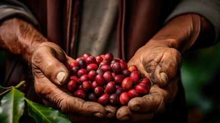 Close up of arabica coffee berries with farmer. Worker is gathering coffee beans in the morning. Generative AI