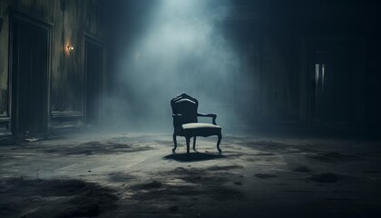 empty room with a single chair in the center. The chair is covered in dust and cobwebs
