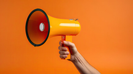 Close up hand holding megaphone, marketing and sales, orange background.