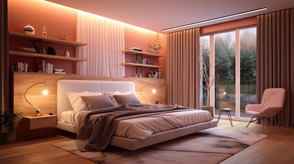 Cozy bedroom interior in a contemporary design. The room is in pastel brown with a large double bed.