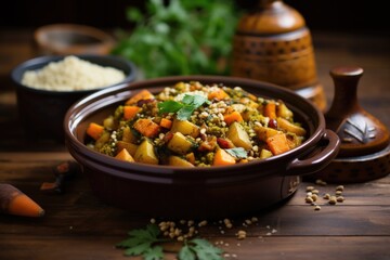 moroccan tagine dish on a wooden surface - obrazy, fototapety, plakaty